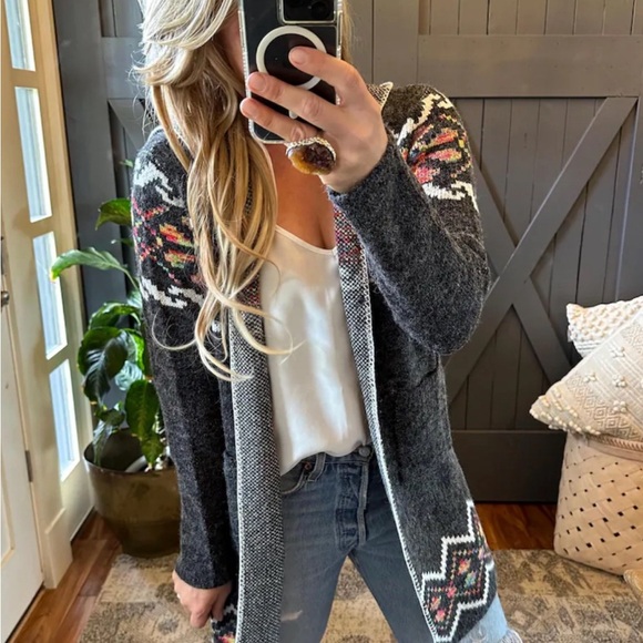 New Tribal Print Long Black Cardigan Hooded Sweater Southwest Western - Picture 14 of 15